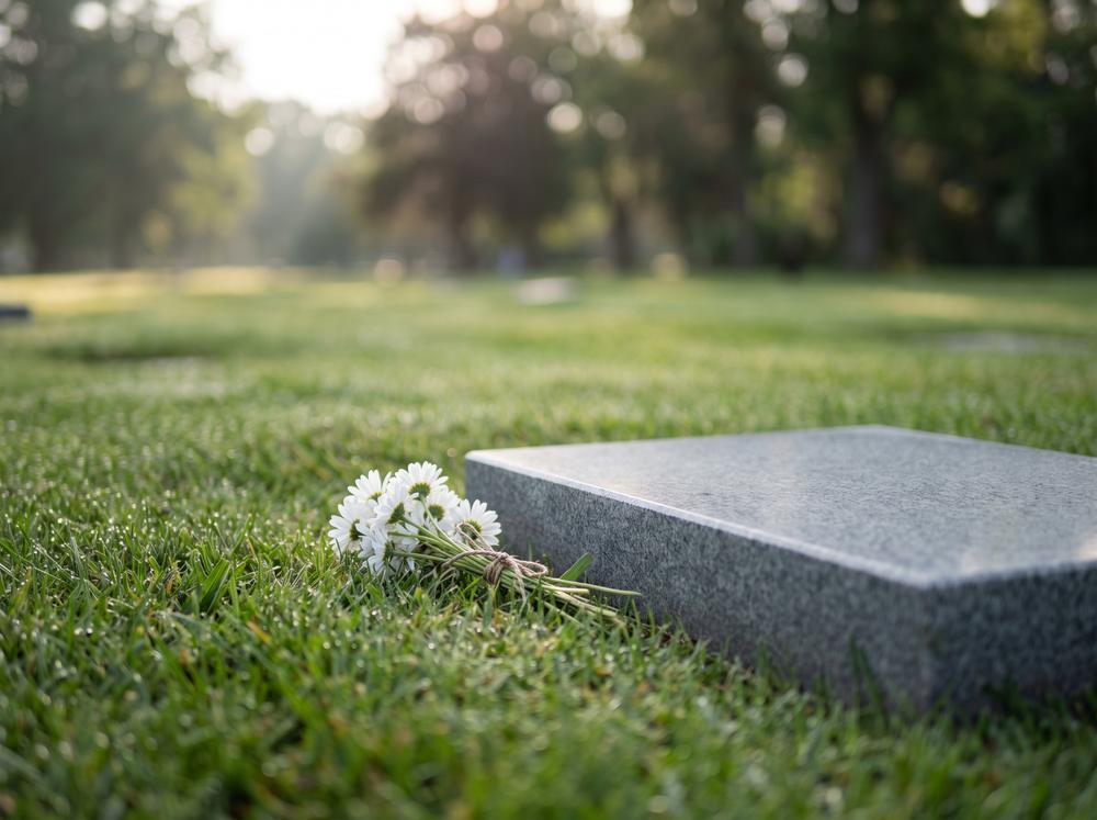 Bronze flat grave marker set in lawn with flowers